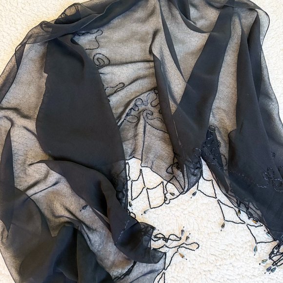 Sheer Black Beaded Fringe Chiffon Sarong Wrap Handmade - Picture 4 of 8